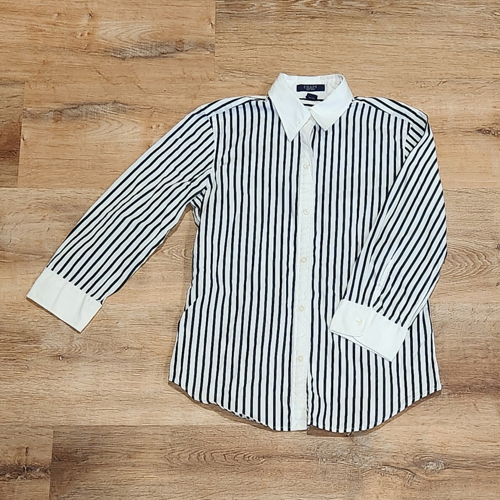 Chaps Women’s Striped Button-Up Shirt | Size S | 3/4 Sleeves & Contrast Collar